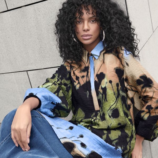 Bluse - Sand - Blå print - NOEN
