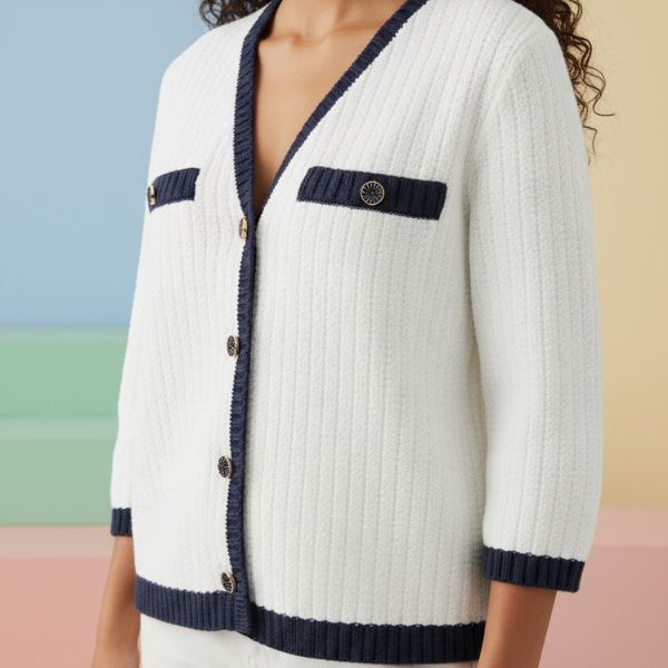 Asta strik cardigan - Hvid/navy - Ofelia