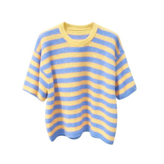 Strik m. strib - blå/Gul - Lisbeth Merrild