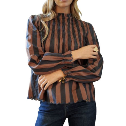 Stribet bluse m. smock - Qnuz