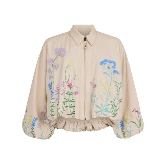 Kort jakke - Sand m. broderede blomster - NOEN