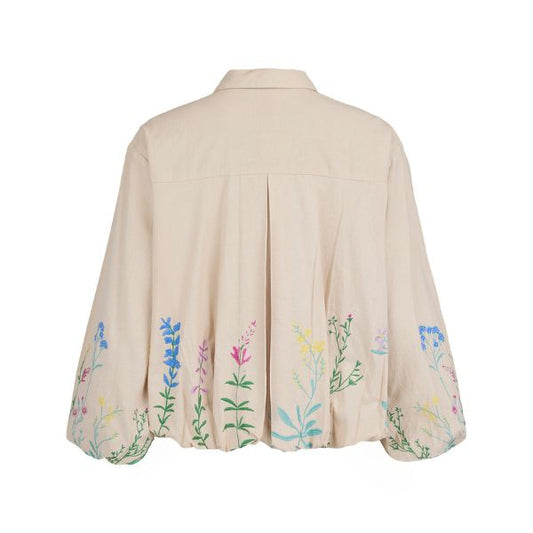 Kort jakke - Sand m. broderede blomster - NOEN