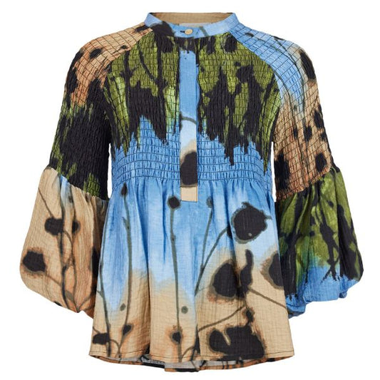 Bluse - Sand - Blå print - NOEN