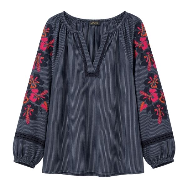 Boheme bluse - Blå m. pink broderi - Qnuz
