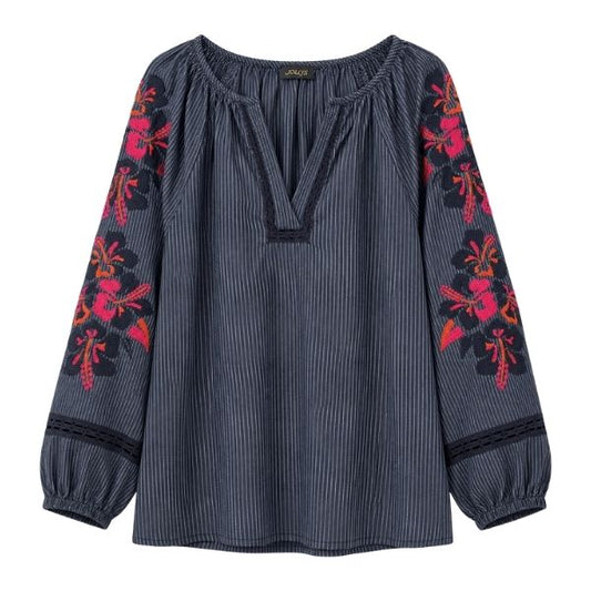 Boheme bluse - Blå m. pink broderi - Qnuz