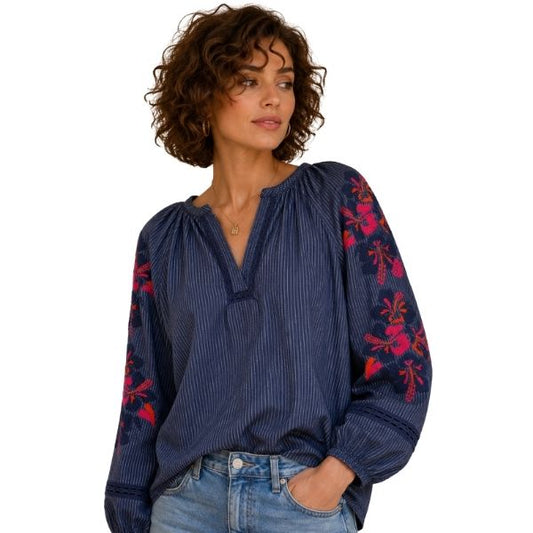 Boheme bluse - Blå m. pink broderi - Qnuz