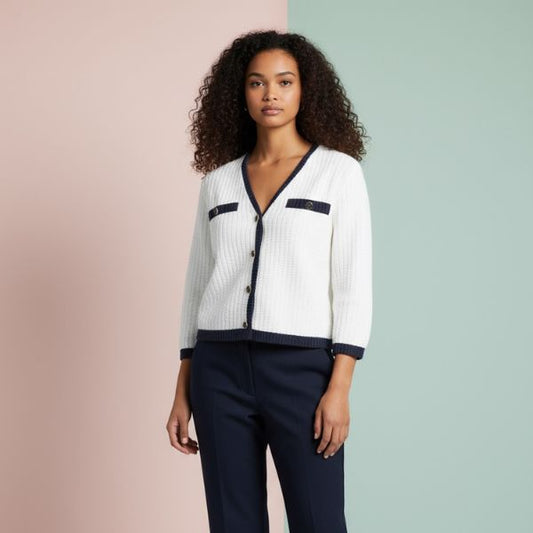 Asta strik cardigan - Hvid/navy - Ofelia