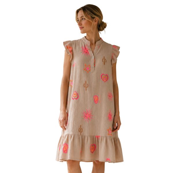 Kjole m. motiver - Beige - Lisbeth Merrild