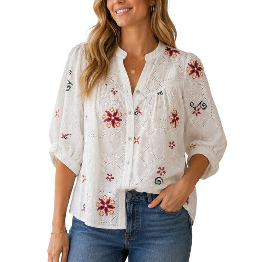 Skjorte - Hvid m. broderi - Boho Love