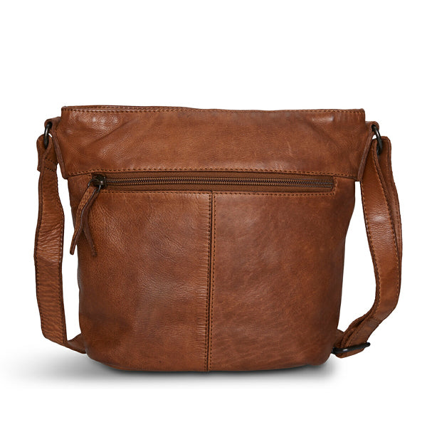 Pia Ries crossbody taske med lynlås i cognac farvet kalveskind