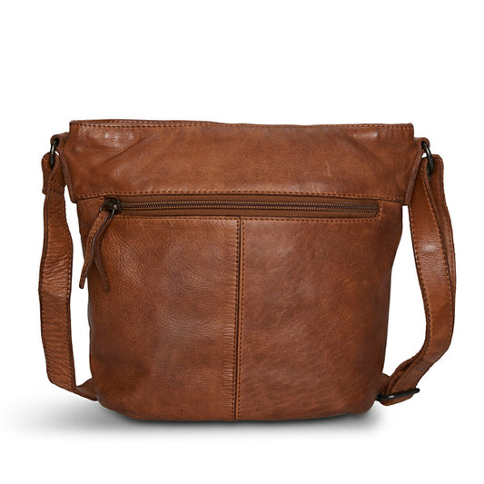 Pia Ries crossbody taske med lynlås i cognac farvet kalveskind