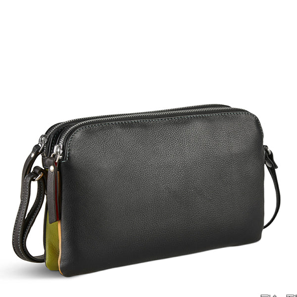 Pia Ries crossbody taske i sort kalveskind og tropical detaljer